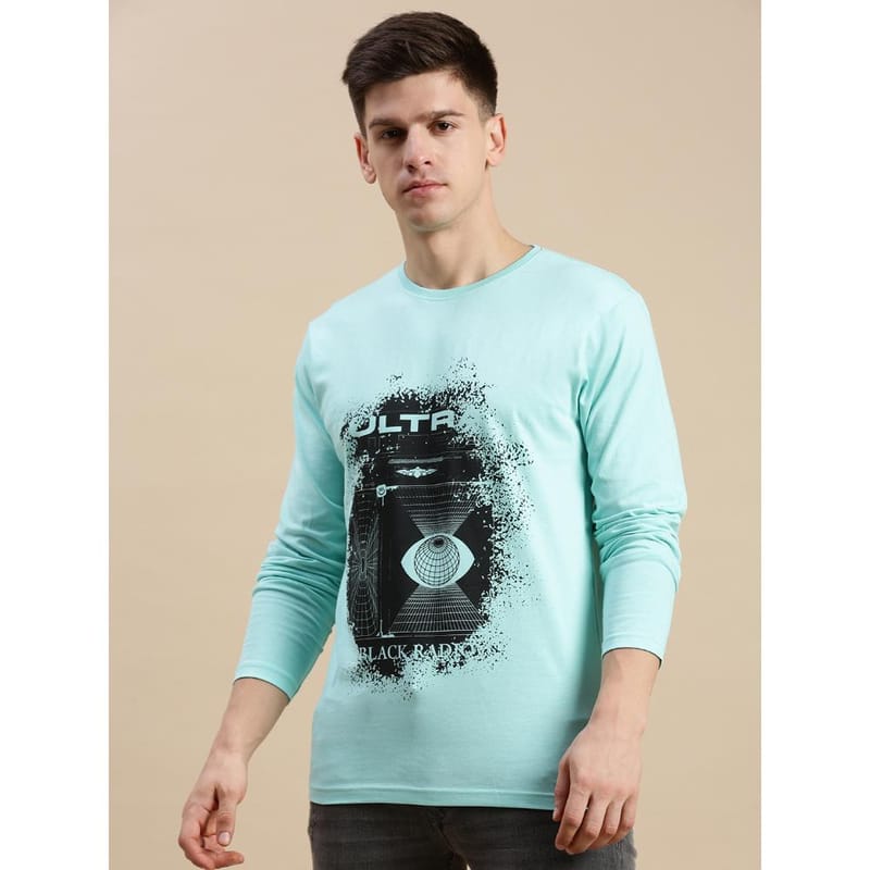 BLACK RADIO Mens Round neck Long Sleeve Graphic Printed Aqua T-Shirt