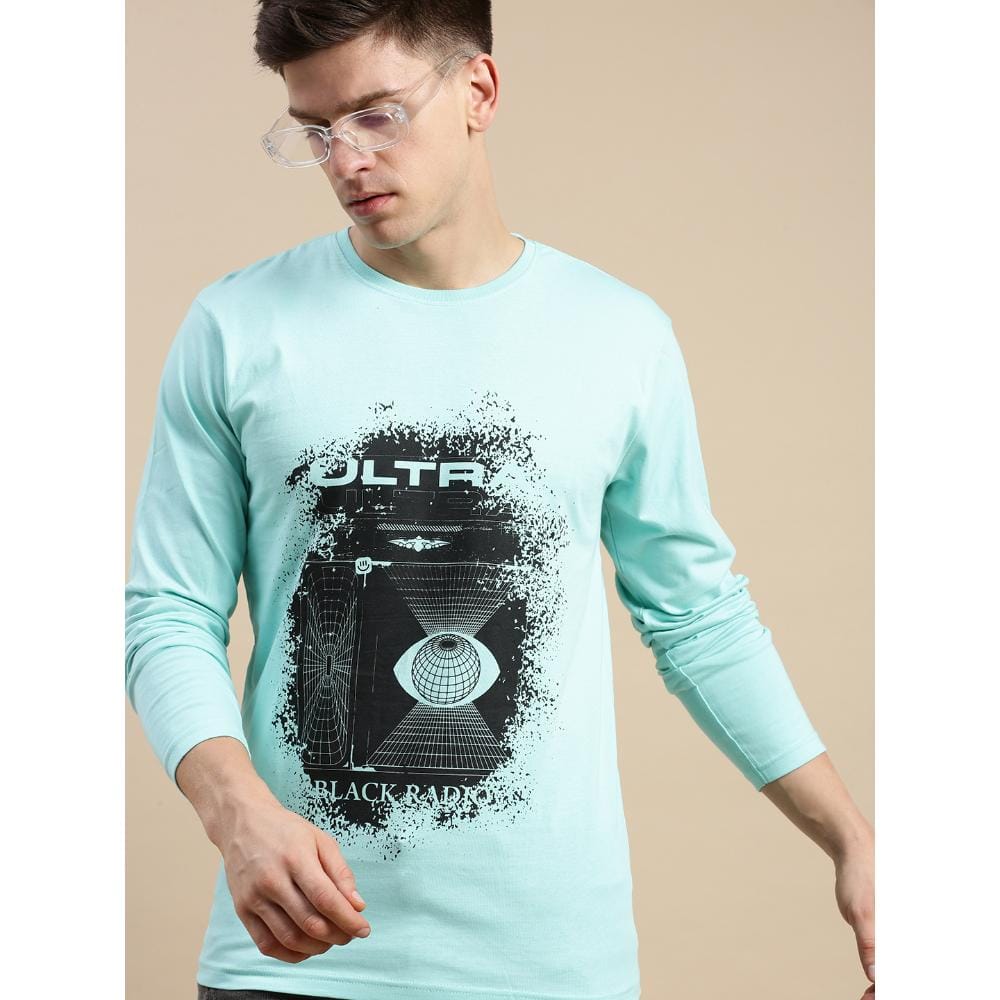 BLACK RADIO Mens Round neck Long Sleeve Graphic Printed Aqua T-Shirt