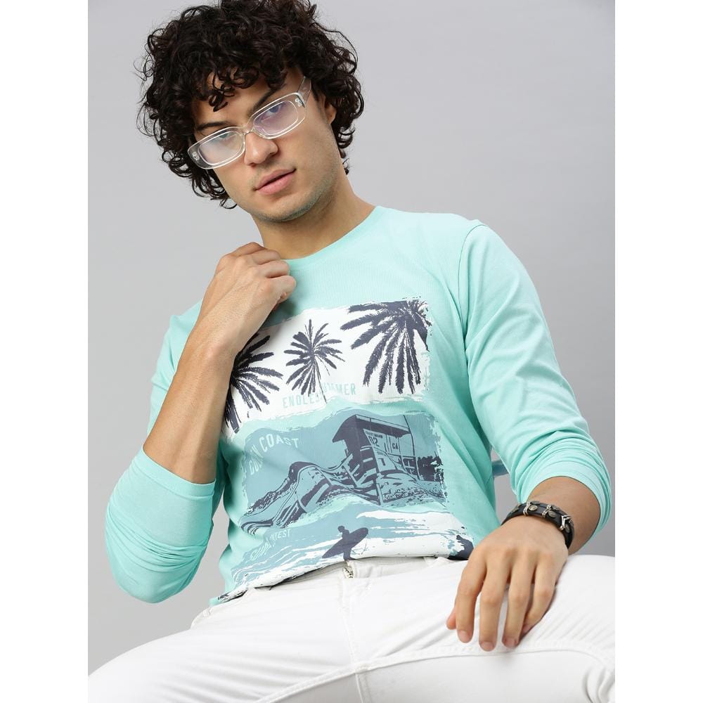 BLACK RADIO Mens Round neck Long Sleeve Graphic Printed Aqua T-Shirt