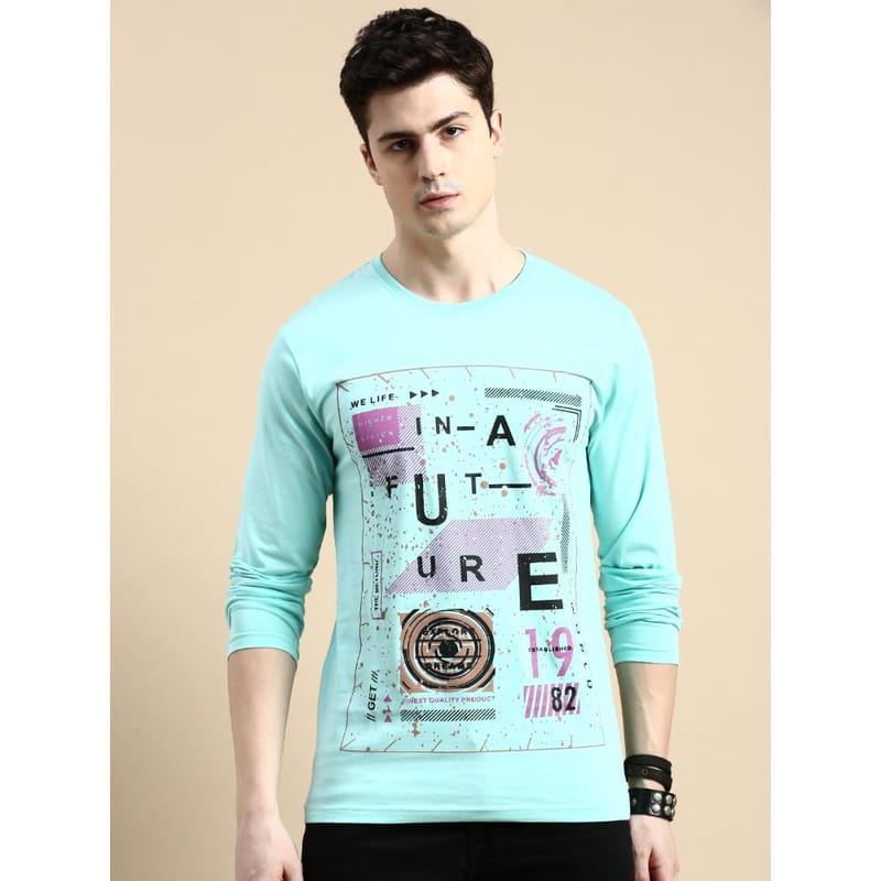 BLACK RADIO Mens Round neck Long Sleeve Graphic Printed Aqua T-Shirt