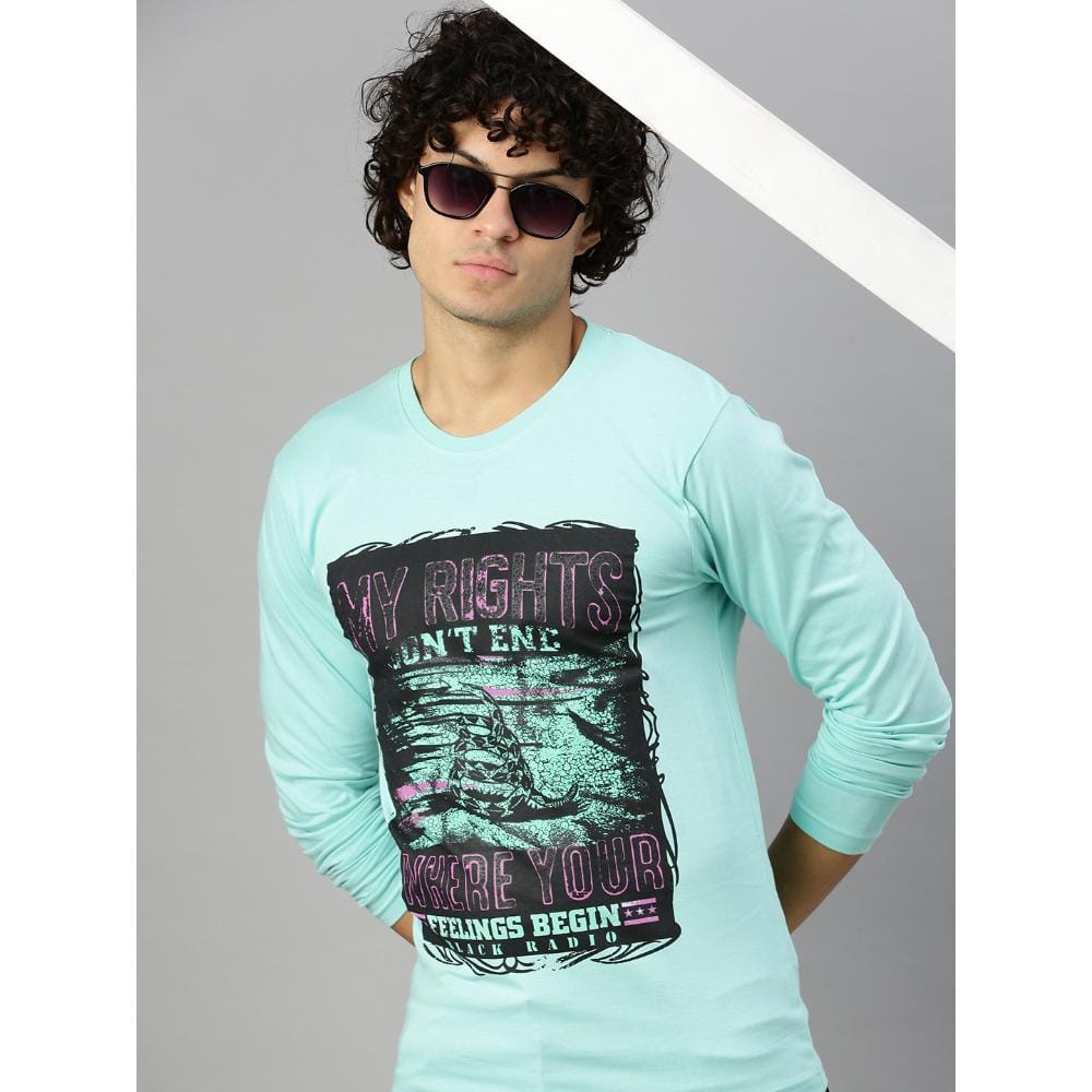 BLACK RADIO Mens Round neck Long Sleeve Graphic Printed Aqua T-Shirt