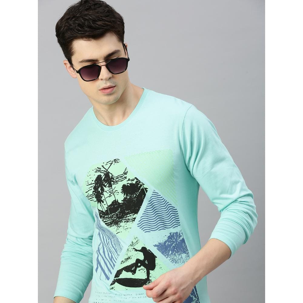 BLACK RADIO Mens Round neck Long Sleeve Graphic Printed Aqua T-Shirt