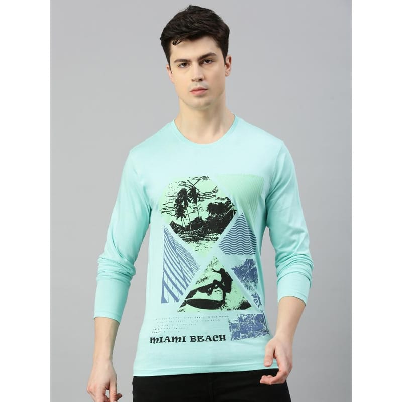 BLACK RADIO Mens Round neck Long Sleeve Graphic Printed Aqua T-Shirt