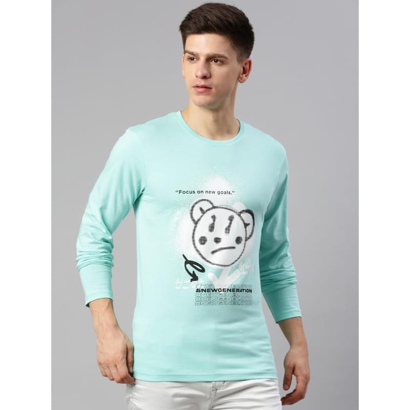 BLACK RADIO Mens Round neck Long Sleeve Graphic Printed Aqua T-Shirt