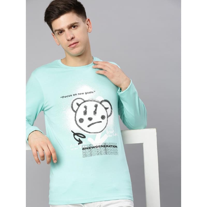 BLACK RADIO Mens Round neck Long Sleeve Graphic Printed Aqua T-Shirt