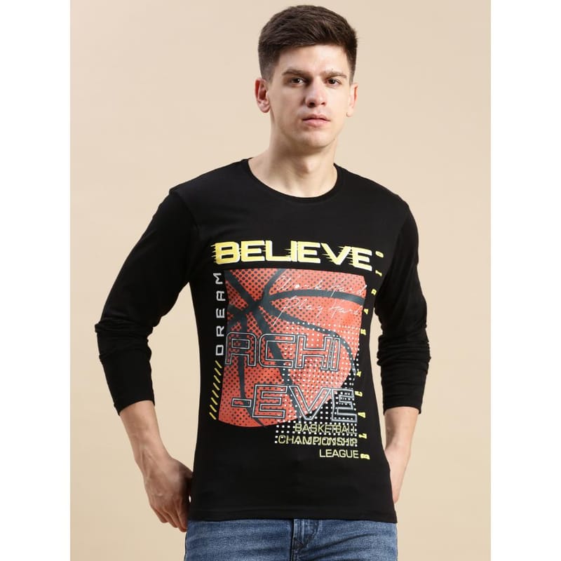 BLACK RADIO Mens Round neck Long Sleeve Graphic Printed Black T-Shirt