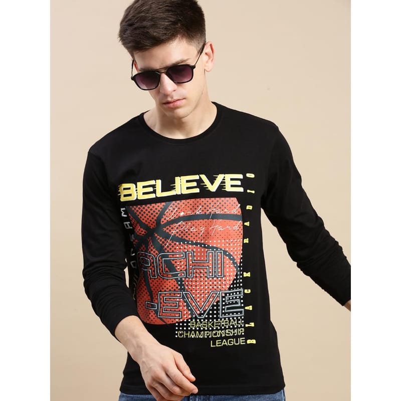 BLACK RADIO Mens Round neck Long Sleeve Graphic Printed Black T-Shirt