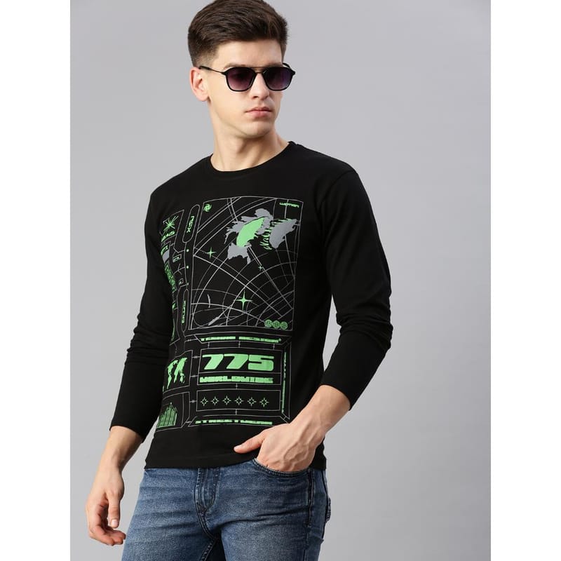 BLACK RADIO Mens Round neck Long Sleeve Graphic Printed Black T-Shirt