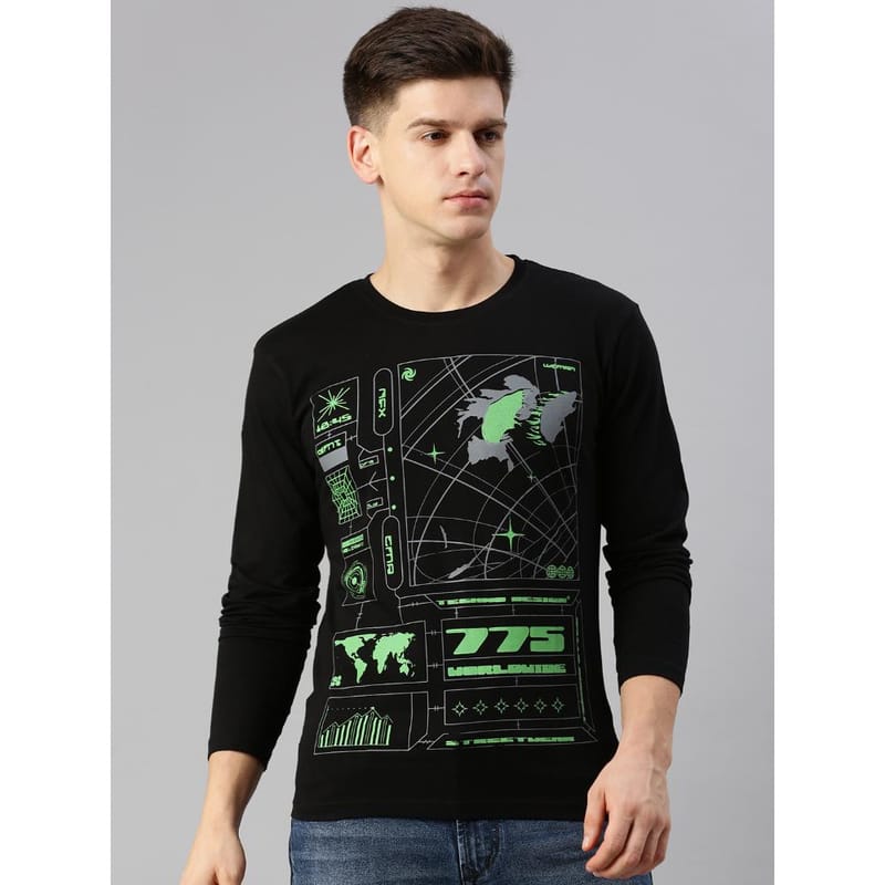 BLACK RADIO Mens Round neck Long Sleeve Graphic Printed Black T-Shirt