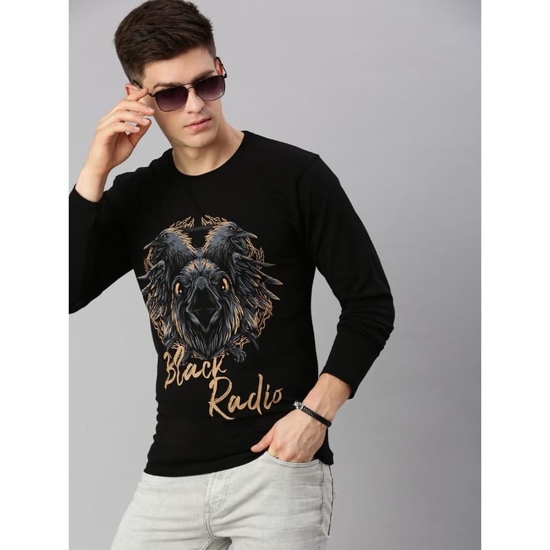 BLACK RADIO Mens Round neck Long Sleeve Graphic Printed Black T-Shirt