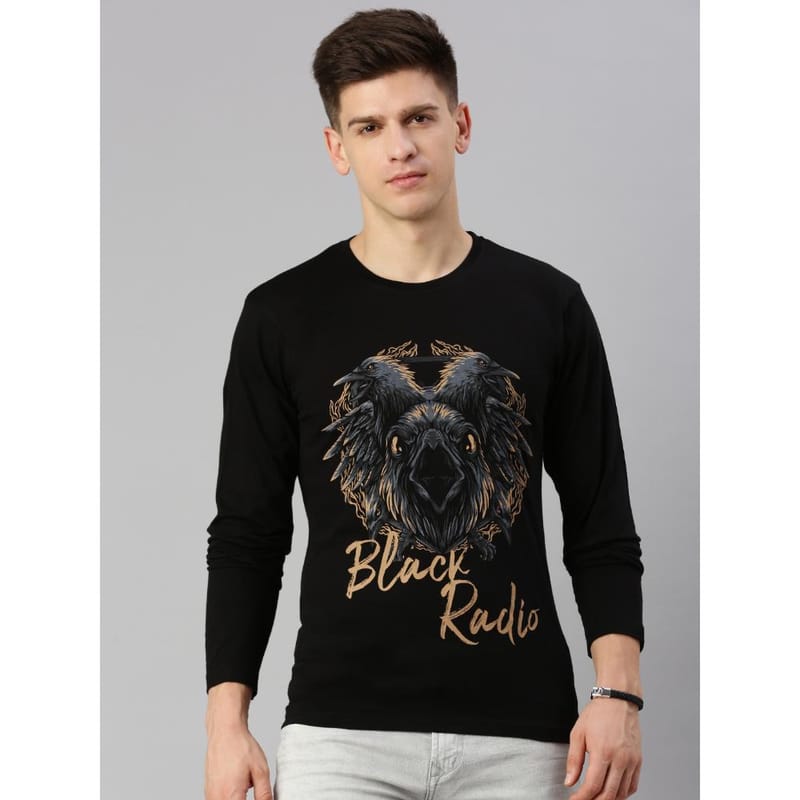 BLACK RADIO Mens Round neck Long Sleeve Graphic Printed Black T-Shirt