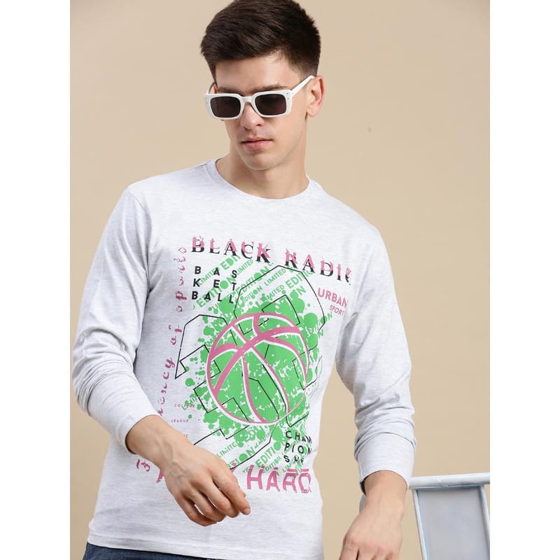 BLACK RADIO Mens Round neck Long Sleeve Graphic Printed Ecru Melange T-Shirt