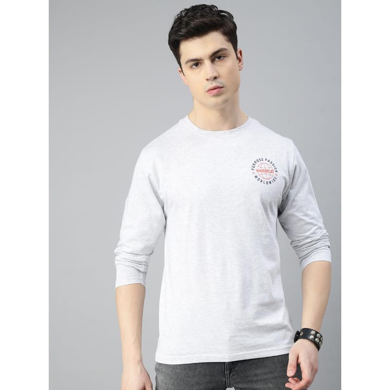 BLACK RADIO Mens Round neck Long Sleeve Graphic Printed Ecru Melange T-Shirt