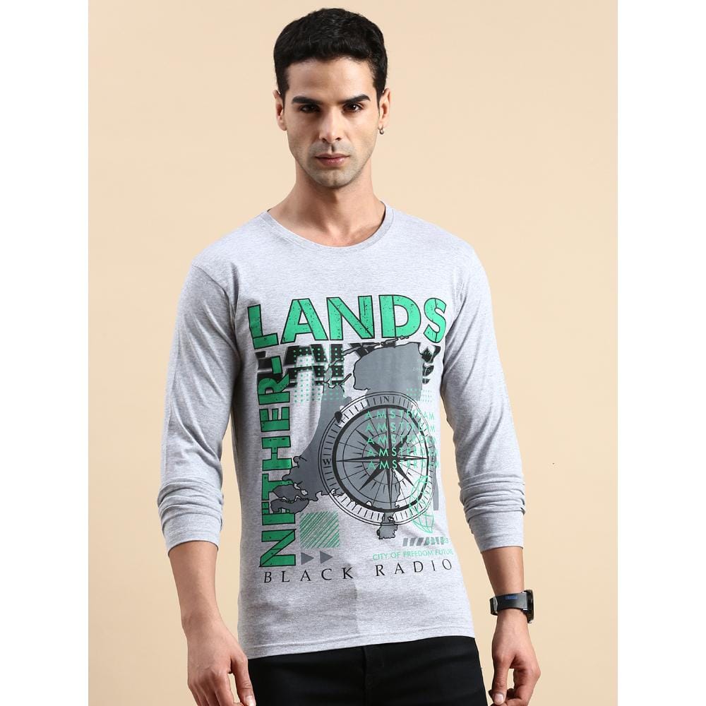 BLACK RADIO Mens Round neck Long Sleeve Graphic Printed Grey Melange T-Shirt