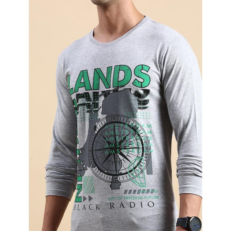 BLACK RADIO Mens Round neck Long Sleeve Graphic Printed Grey Melange T-Shirt