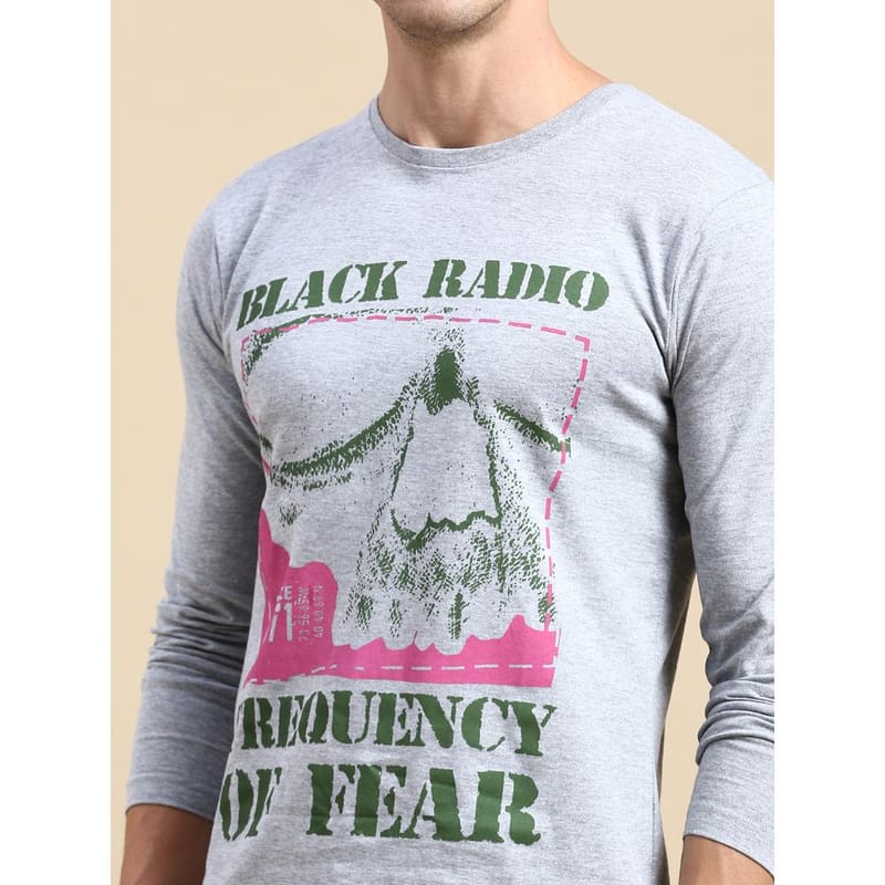 BLACK RADIO Mens Round neck Long Sleeve Graphic Printed Grey Melange T-Shirt