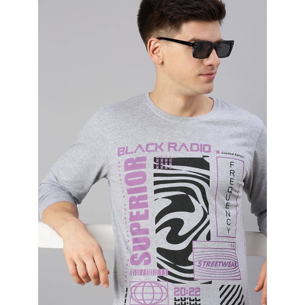 BLACK RADIO Mens Round neck Long Sleeve Graphic Printed Grey Melange T-Shirt