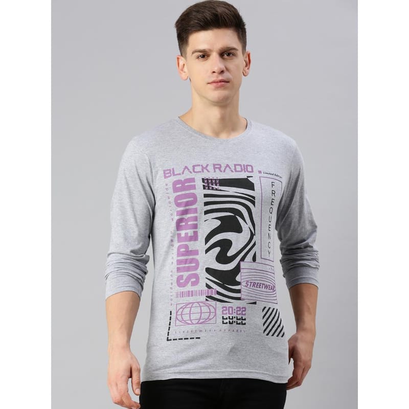 BLACK RADIO Mens Round neck Long Sleeve Graphic Printed Grey Melange T-Shirt