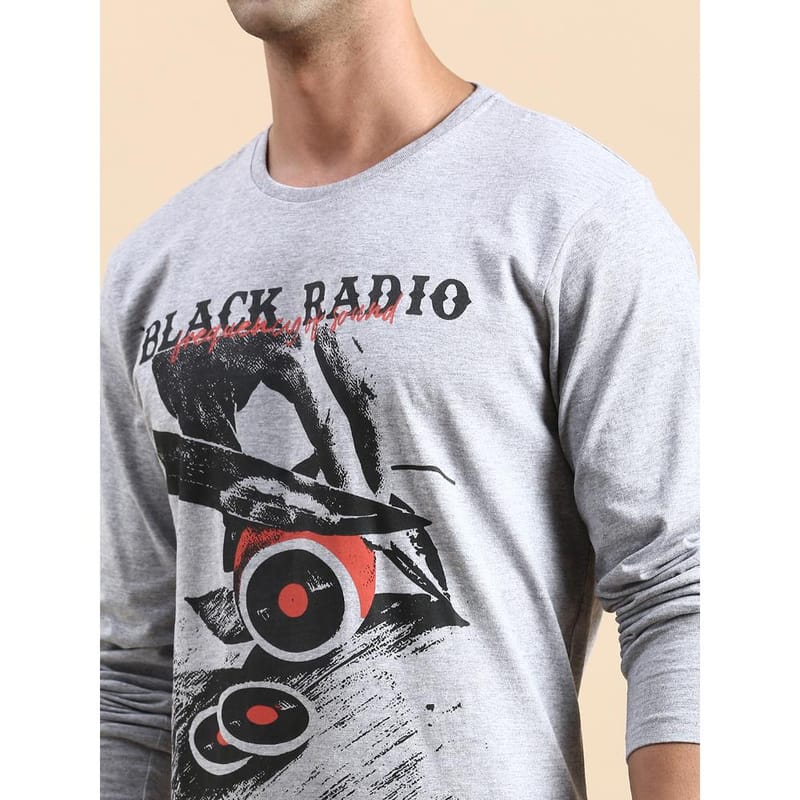 BLACK RADIO Mens Round neck Long Sleeve Graphic Printed Grey Melange T-Shirt