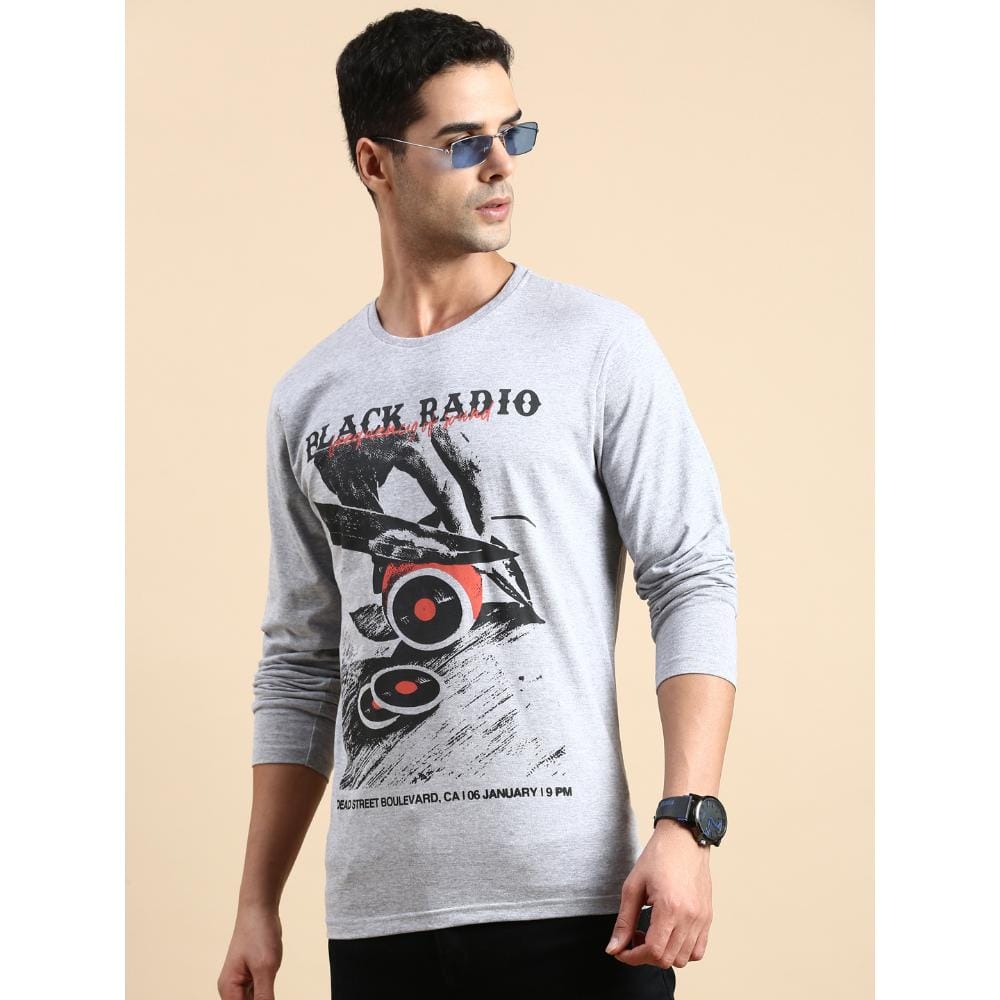 BLACK RADIO Mens Round neck Long Sleeve Graphic Printed Grey Melange T-Shirt