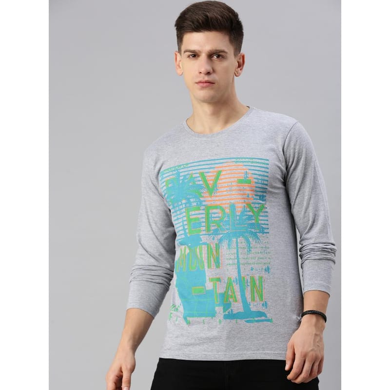 BLACK RADIO Mens Round neck Long Sleeve Graphic Printed Grey Melange T-Shirt