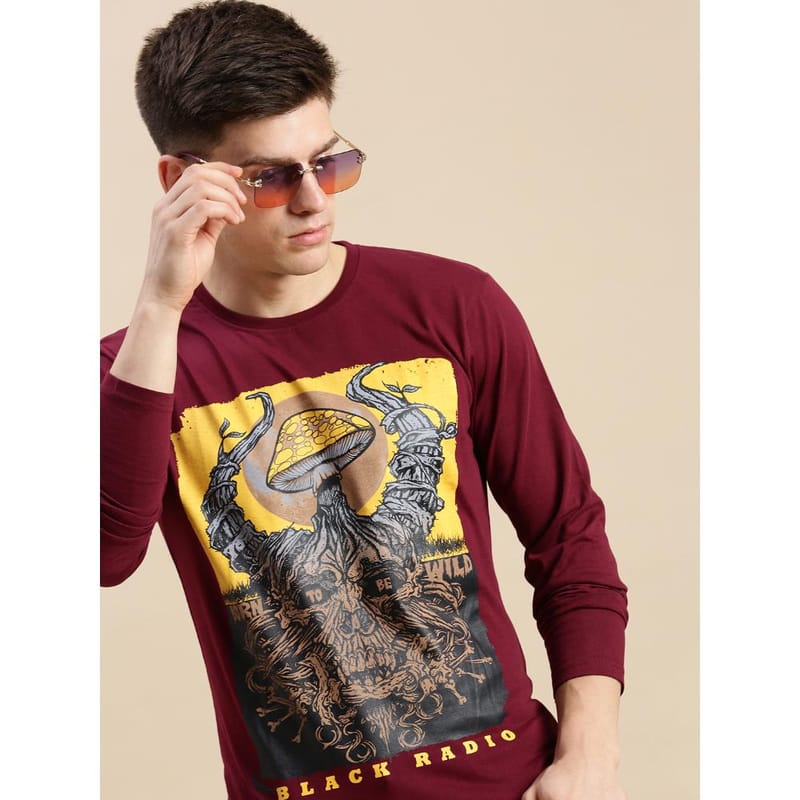 BLACK RADIO Mens Round neck Long Sleeve Graphic Printed Maroon T-Shirt