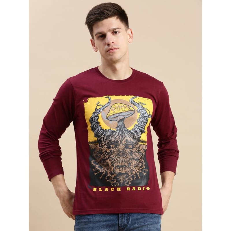 BLACK RADIO Mens Round neck Long Sleeve Graphic Printed Maroon T-Shirt