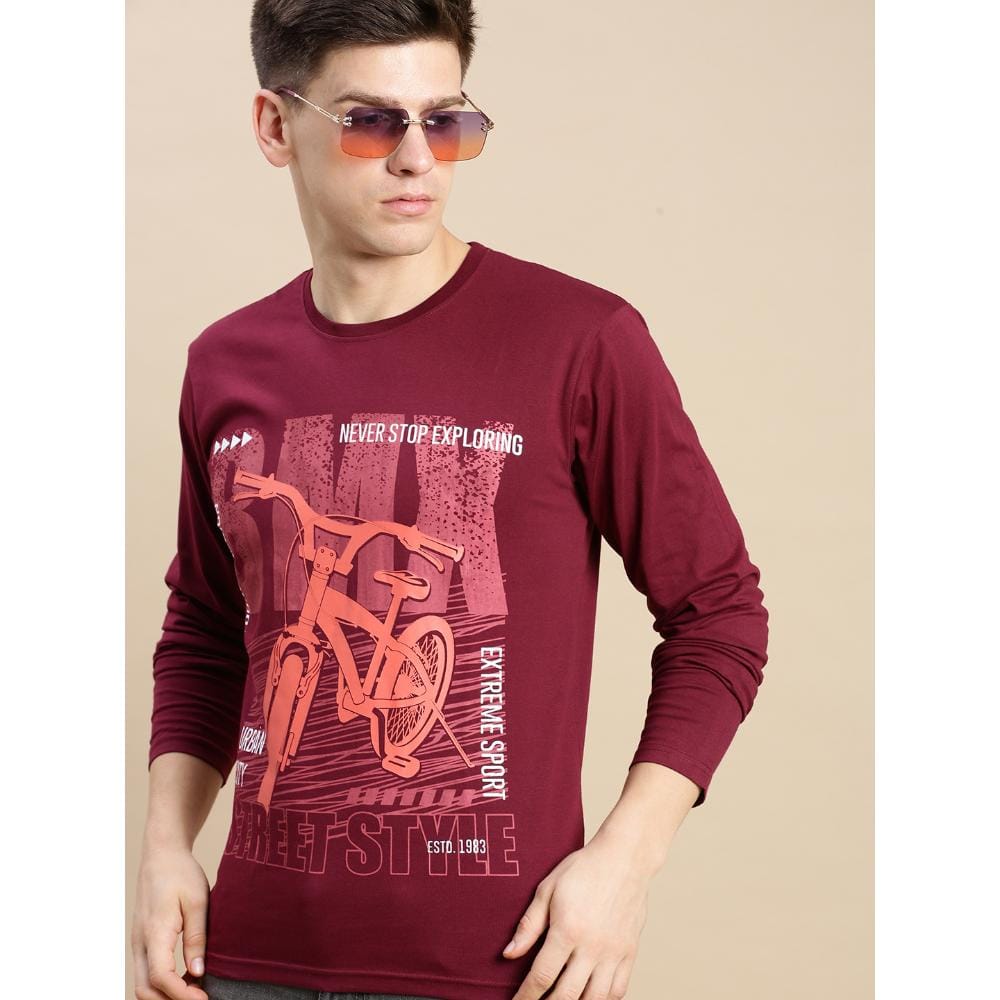 BLACK RADIO Mens Round neck Long Sleeve Graphic Printed Maroon T-Shirt