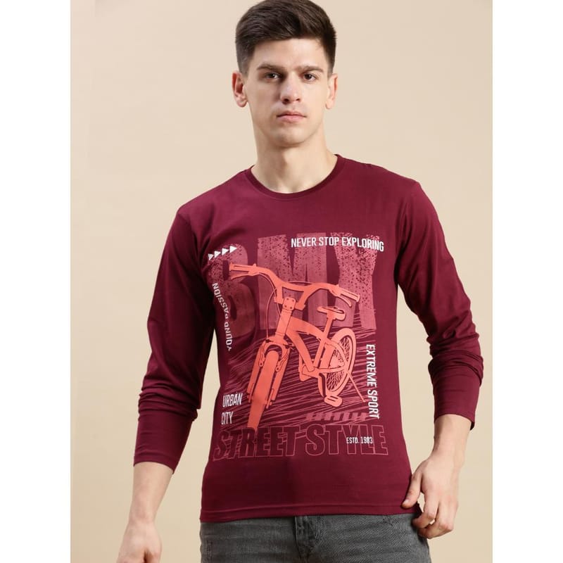 BLACK RADIO Mens Round neck Long Sleeve Graphic Printed Maroon T-Shirt