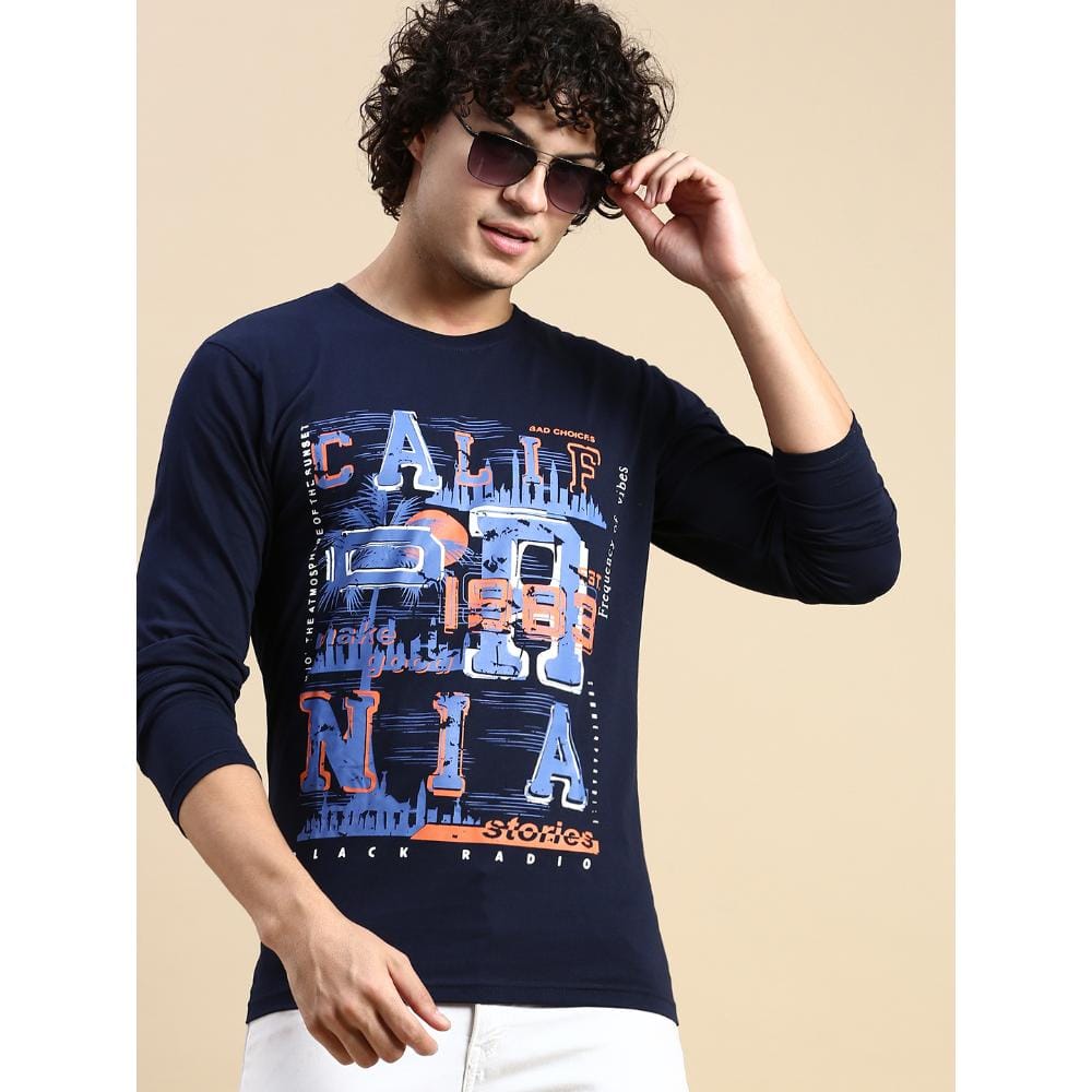 BLACK RADIO Mens Round neck Long Sleeve Graphic Printed Navy T-Shirt