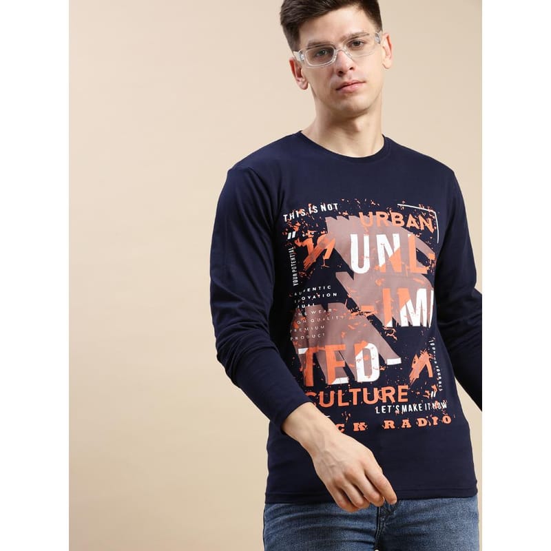 BLACK RADIO Mens Round neck Long Sleeve Graphic Printed Navy T-Shirt