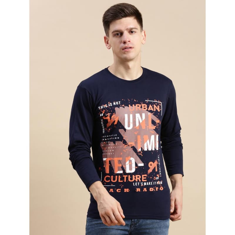 BLACK RADIO Mens Round neck Long Sleeve Graphic Printed Navy T-Shirt