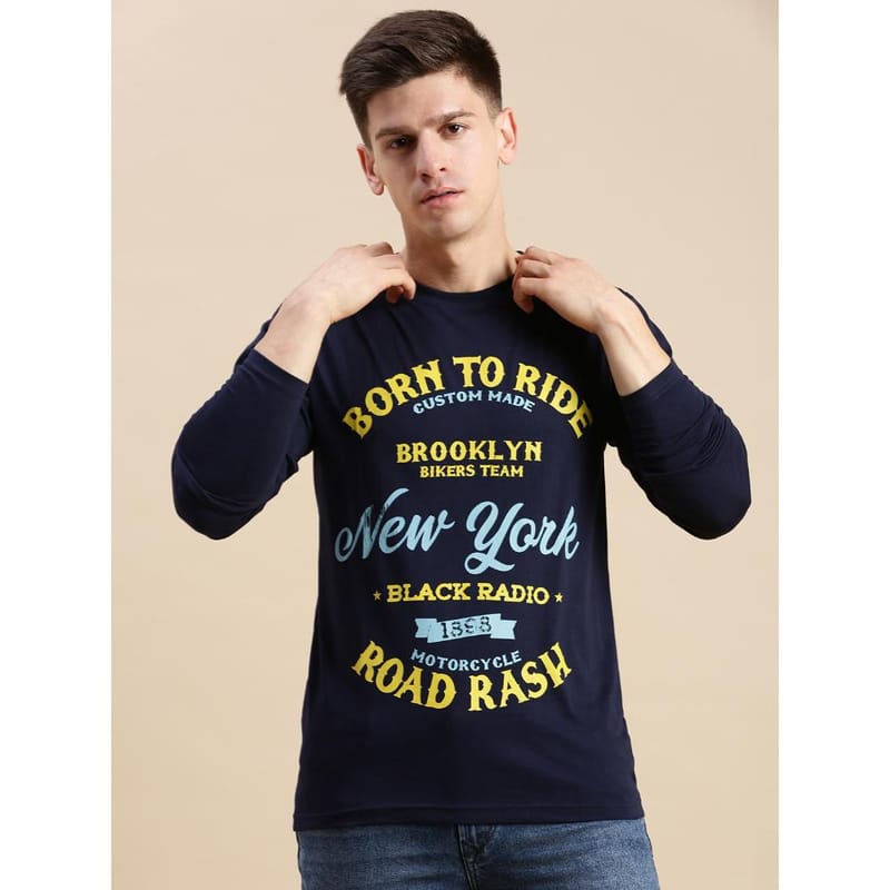 BLACK RADIO Mens Round neck Long Sleeve Graphic Printed Navy T-Shirt