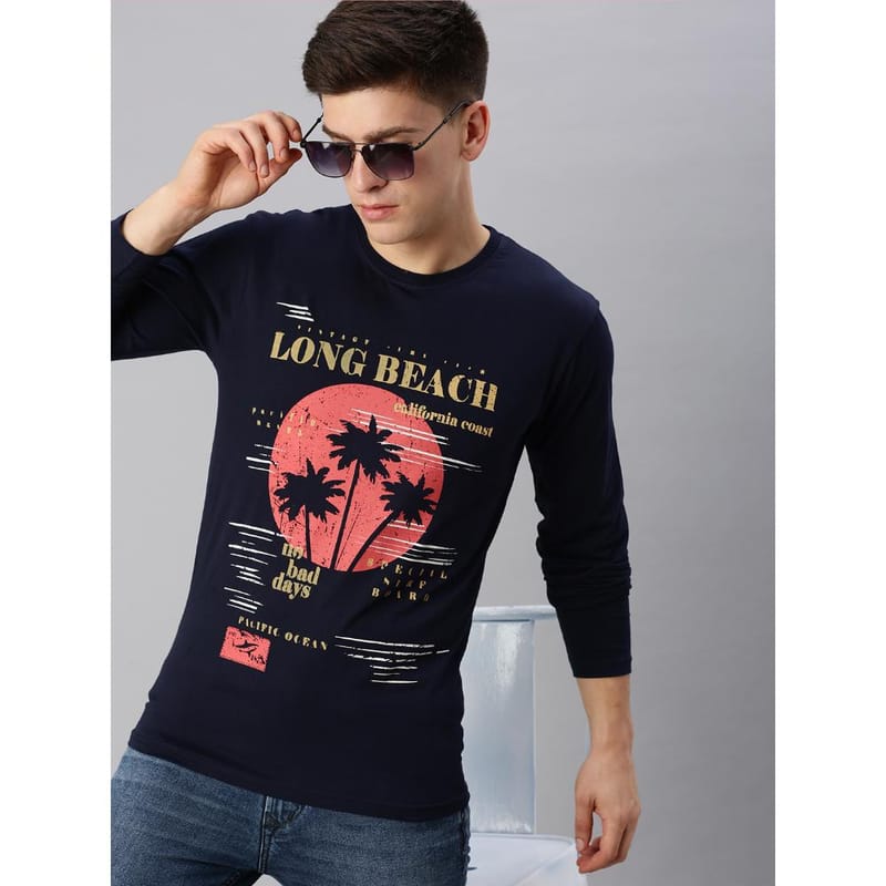 BLACK RADIO Mens Round neck Long Sleeve Graphic Printed Navy T-Shirt