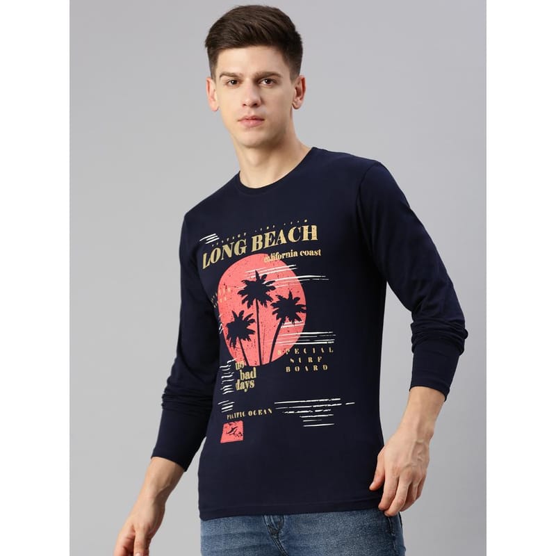 BLACK RADIO Mens Round neck Long Sleeve Graphic Printed Navy T-Shirt