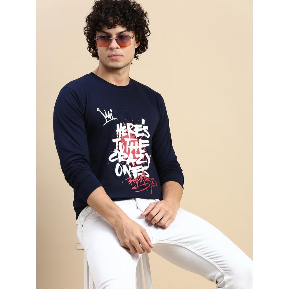 BLACK RADIO Mens Round neck Long Sleeve Graphic Printed Navy T-Shirt