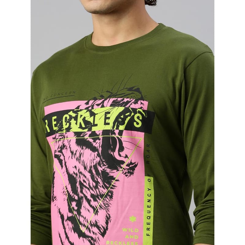 BLACK RADIO Mens Round neck Long Sleeve Graphic Printed Olive T-Shirt