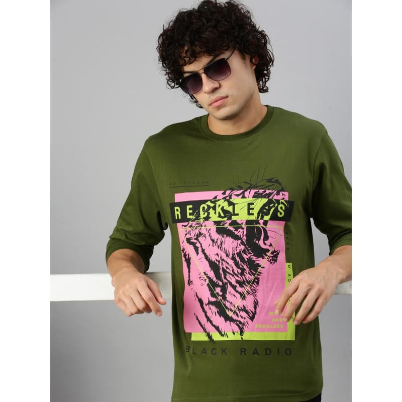 BLACK RADIO Mens Round neck Long Sleeve Graphic Printed Olive T-Shirt