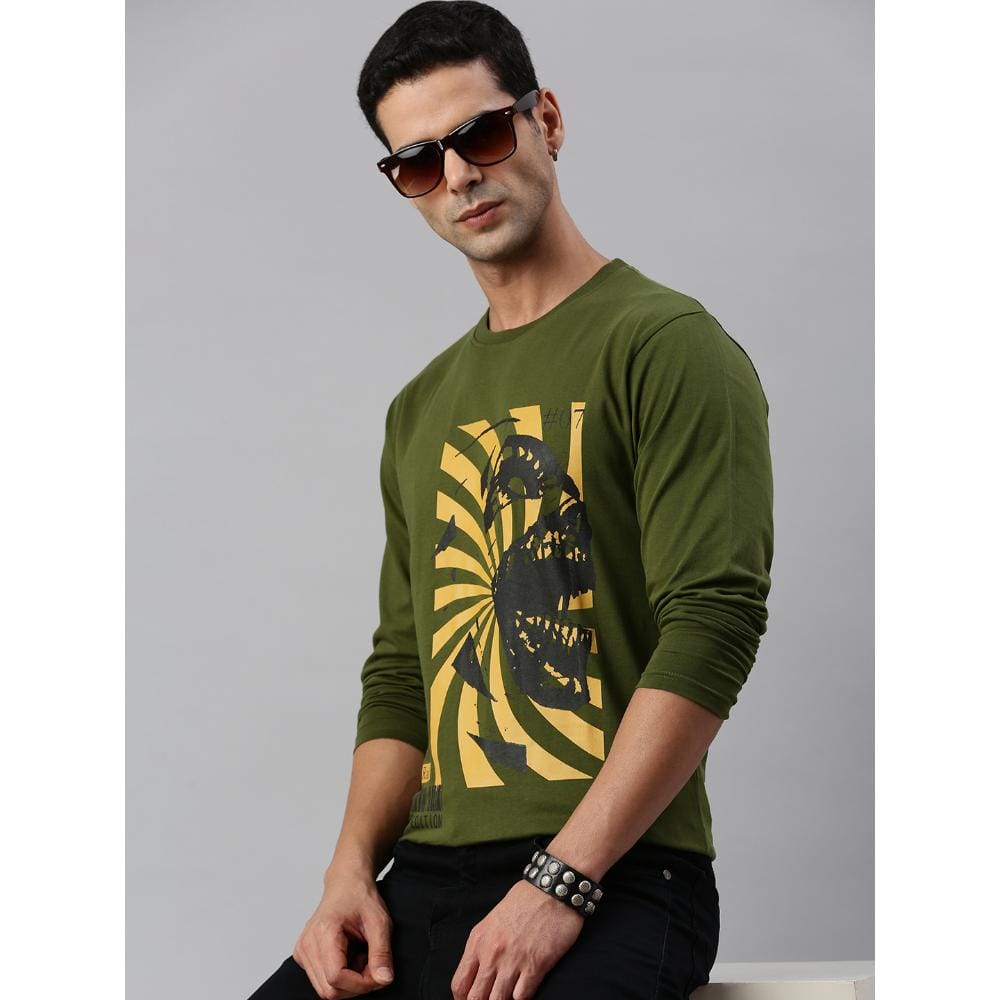 BLACK RADIO Mens Round neck Long Sleeve Graphic Printed Olive T-Shirt