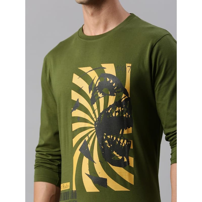 BLACK RADIO Mens Round neck Long Sleeve Graphic Printed Olive T-Shirt