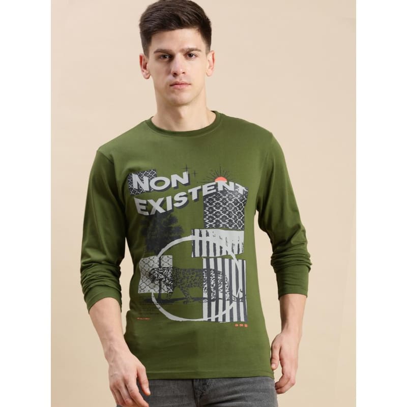 BLACK RADIO Mens Round neck Long Sleeve Graphic Printed Olive T-Shirt