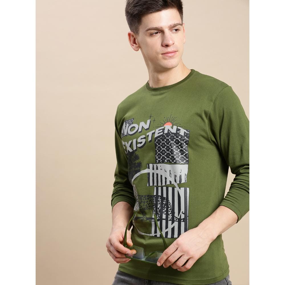 BLACK RADIO Mens Round neck Long Sleeve Graphic Printed Olive T-Shirt