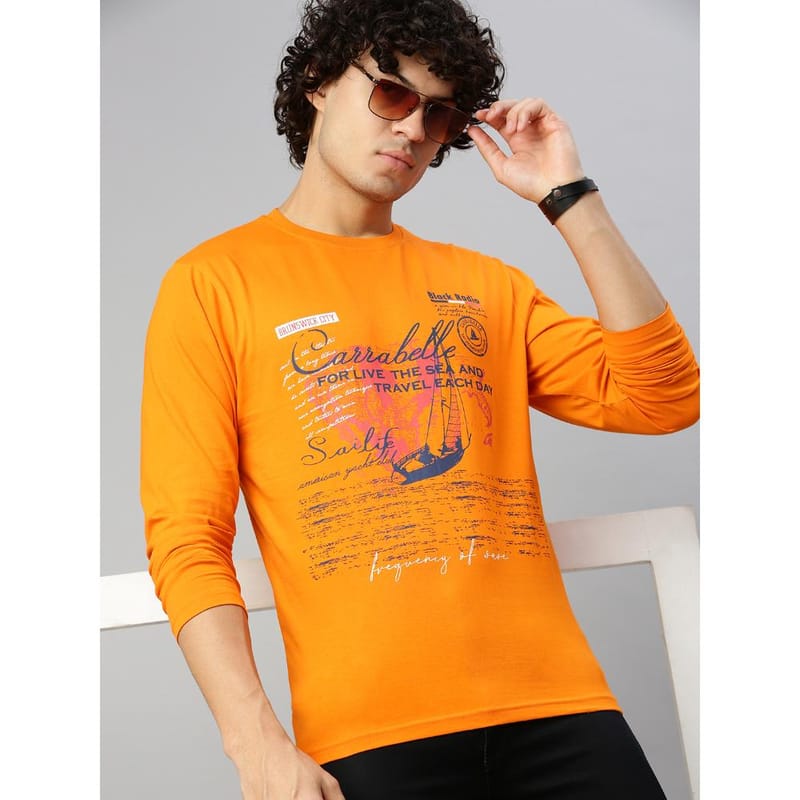 BLACK RADIO Mens Round neck Long Sleeve Graphic Printed Orange T-Shirt