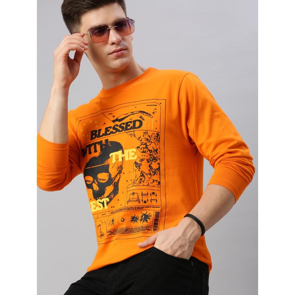 BLACK RADIO Mens Round neck Long Sleeve Graphic Printed Orange T-Shirt