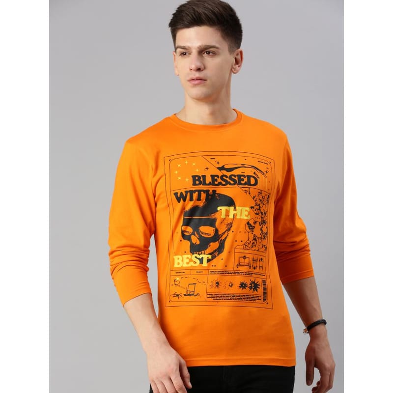 BLACK RADIO Mens Round neck Long Sleeve Graphic Printed Orange T-Shirt