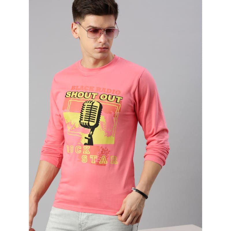 BLACK RADIO Mens Round neck Long Sleeve Graphic Printed Pink T-Shirt