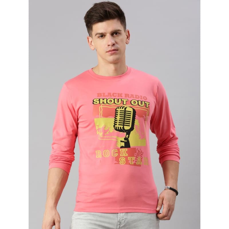 BLACK RADIO Mens Round neck Long Sleeve Graphic Printed Pink T-Shirt