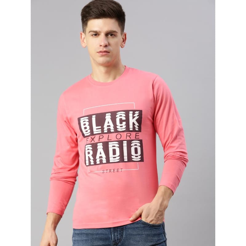 BLACK RADIO Mens Round neck Long Sleeve Graphic Printed Pink T-Shirt