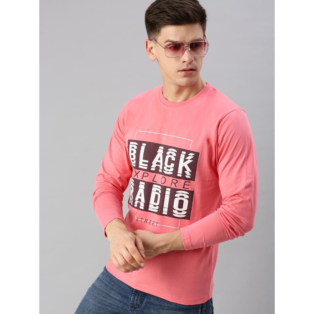 BLACK RADIO Mens Round neck Long Sleeve Graphic Printed Pink T-Shirt