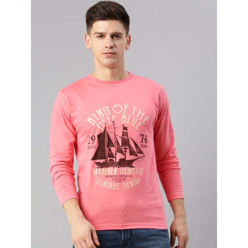 BLACK RADIO Mens Round neck Long Sleeve Graphic Printed Pink T-Shirt